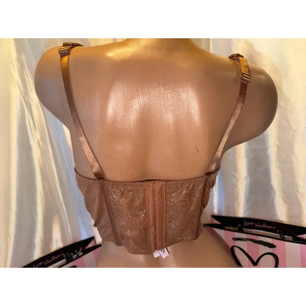 Victorias Secret Corset Bra Top Clubbing Brown Shimmer Eyelash Lace XL - Picture 5 of 5
